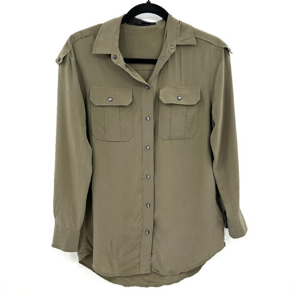 ALL SAINTS 100% Silk Army Green Pearl Snap Button Up Lightweight Blouse Size 0 - Picture 1 of 6